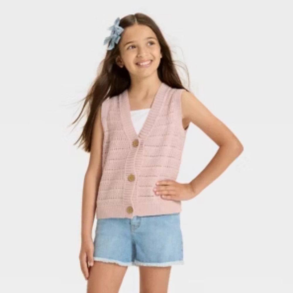 Cat & Jack Girls Size XL 14 Dusty‎ Pink Knit Sweater Vest Button Front NEW